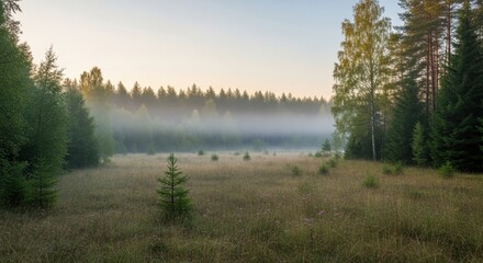 Obraz premium Foggy morning in the forest with meadow and trees in the background
