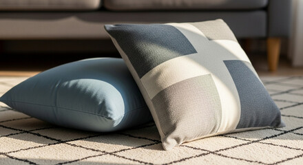 Two decorative pillows on a patterned rug in a living room with a sofa in the background, creating a cozy atmosphere