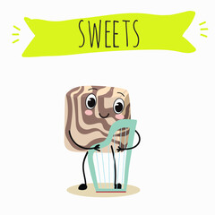 Funny Characters Turkish Halva confection, cubes with pistachio nut, layered chocolate tahini oriental dessert, hand drawn vector illustration.