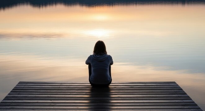 Woman sitting on a wooden pier enjoying the sunset over the lake water