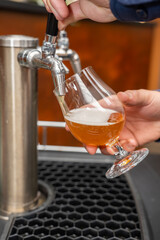A close-up shot captures a hand expertly operating a sleek metallic beer tap, dispensing golden draft beer into a clear glass.
