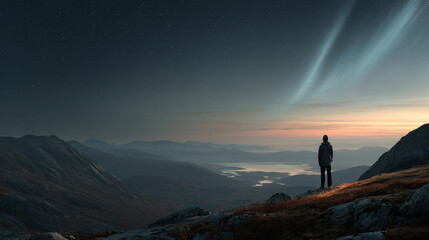 Fototapeta premium Silhouette of person standing on mountain ridge at dawn, with soft aurora-like light rays illuminating sky. Concept of serene adventure and natural wonder