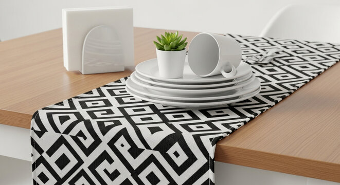 Elegant table setting with black and white runner, plates, cup, plant, and napkins on wooden table