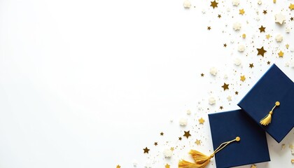 Two dark blue graduation caps with gold tassels rest on white surface. Scattered gold stars, white confetti create festive celebratory atmosphere, perfect for academic achievements, commencement