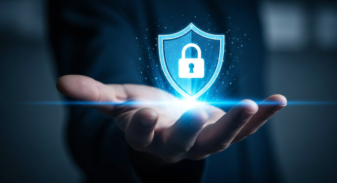 Cyber Security Technology Shield with Padlock Icon