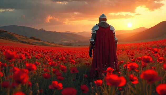 Medieval knight in armor stands in red poppy field at sunset. Lone warrior with cape gazes at sun setting behind mountains. Historical soldier contemplates in solitude. Fantasy scene evokes courage,
