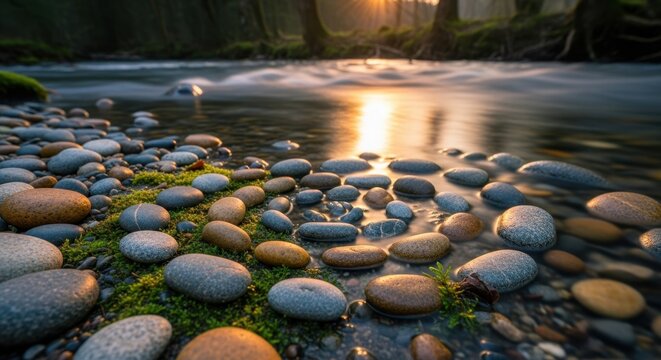 Tranquil river with smooth stones and moss in a peaceful forest scene - Powered by Adobe