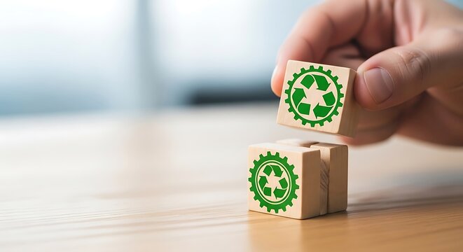 Hand stacking wooden blocks with green recycling symbol, representing sustainability and ecofriendly practices in business and life