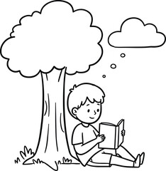 Child reading book under tree, peaceful outdoor imagination, thought bubble dream, calm nature study, cad drawing flat vector illustration