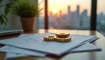 Gold gears lie on blueprints near laptop. City skyline at sunset forms background. Business concept of tech engineering design or industry planning. Workspace indoor arrangement.