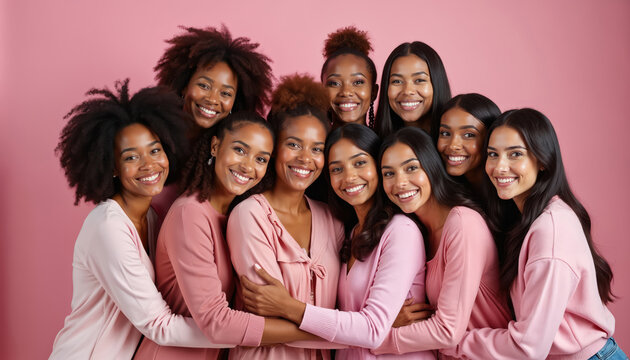 Happy diverse group of women embraces on pink background. Female friends wear pink for breast cancer awareness. Cheerful ladies show unity community, sisterhood. Many smiling girls support