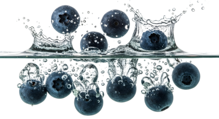 Blueberries falling into clear water with splash and bubbles, close-up macro, fresh and minimal design, white background.