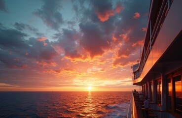 Ferry sails on ocean at beautiful golden sunset. People relax on open deck, enjoying sea view, dramatic cloudy sky. Passengers travel by cruise ship on relaxing vacation journey, watching scenic