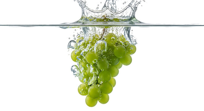 A bunch of green grapes underwater with a splash effect and bubbles, isolated on white background, concept of freshness and health.
