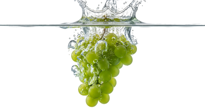 A bunch of green grapes underwater with a splash effect and bubbles, isolated on white background, concept of freshness and health.