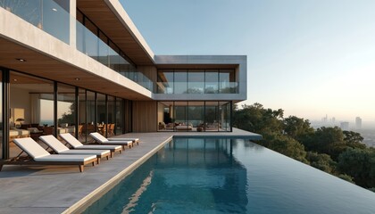 Obraz premium Modern luxury villa with infinity pool overlooks city skyline. Sleek architecture, glass walls, spacious lounge area with sunbeds. Perfect for real estate or travel.
