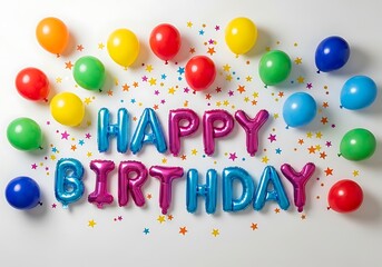 Vibrant happy birthday balloons and confetti arrangement on a white background