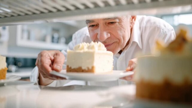 view from inside refrigerator showing an older man taking a slice of cheesecake and closing the fridge door