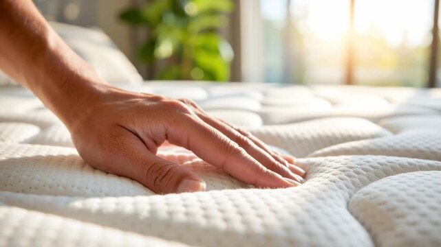 close-up of a hand pressing down on a soft memory foam mattress to test its comfort