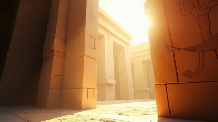 Ancient Egyptian tomb interior with bright sunlight streaming through doorway. Stone chamber with hieroglyphics on walls and golden light illuminating floor tiles. - Powered by Adobe