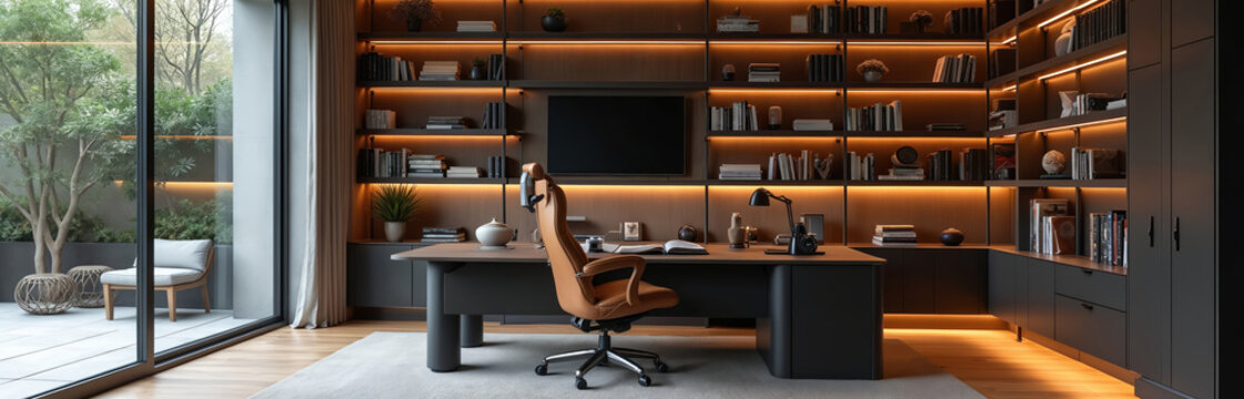 Modern office with desk chair shelves and books. Large window shows green garden patio. Warm lighting illuminates workspace shelves and floor. Luxurious room. - Powered by Adobe