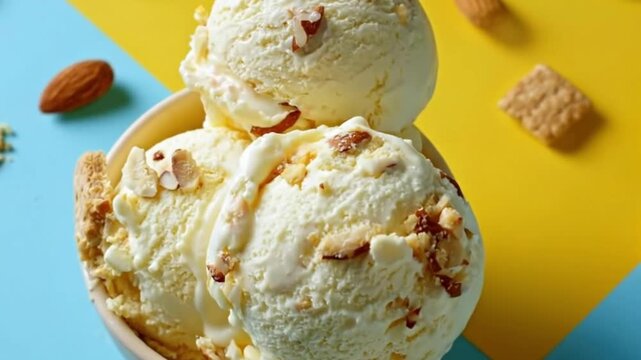 A vibrant top-down shot showcases delicious scoops of creamy, vanilla-flavored ice cream, generously garnished with crunchy almond slivers, presented in a small bowl. The delectable dessert is artfull