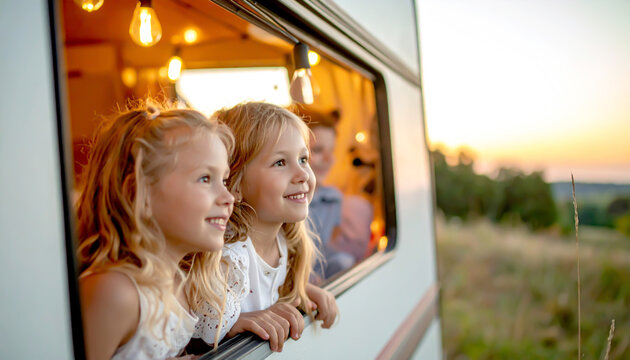 Kinder schauen aus dem Wohnmobil Fenster, Campingurlaub mit der Familie