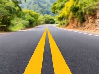 Naklejka premium Scenic winding road with vibrant yellow lines, surrounded by lush greenery and mountains, inviting travelers to explore the natural beauty of the landscape and enjoy the journey