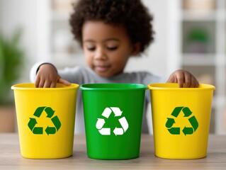Young African American boy sorting waste into colorful recycling bins, demonstrating environmental awareness and responsibility in a bright, cheerful indoor setting with a focus on sustainability