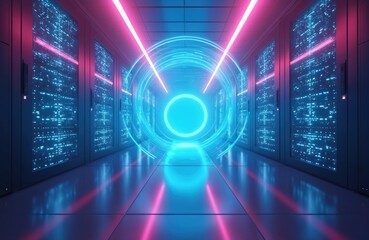 Server room with data storage racks. Glowing neon circles and lines pass data between servers. Digital information transfers in tech room with future lights. Datacenter shows modern computer network.