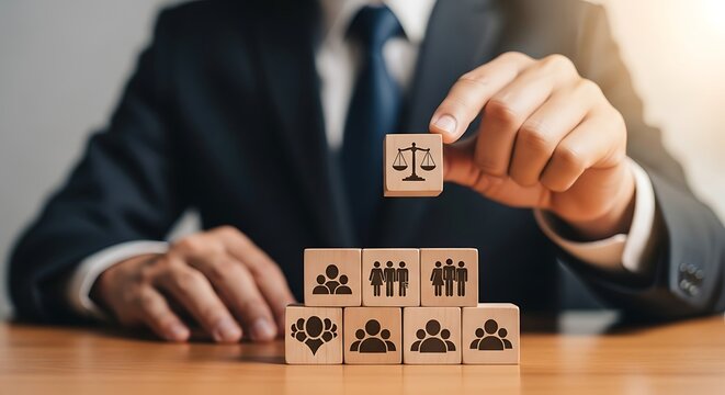 Businessman stacking wooden blocks with icons representing people and justice scales, symbolizing teamwork and legal fairness