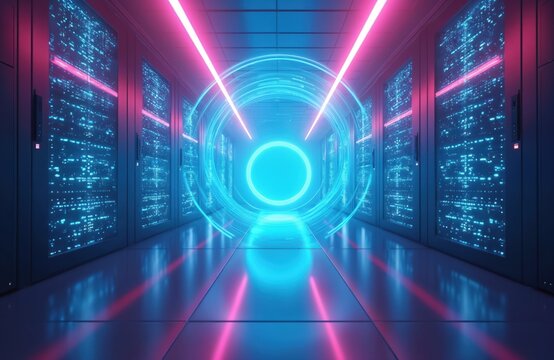 Server room with data storage racks. Glowing neon circles and lines pass data between servers. Digital information transfers in tech room with future lights. Datacenter shows modern computer network.