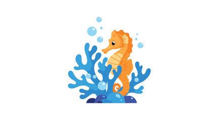 A charming orange seahorse swims gracefully amidst vibrant blue coral and sparkling bubbles in a delightful underwater scene.