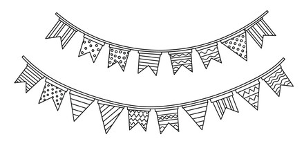 Hand-drawn black and white line art of two rows of festive bunting flags, each adorned with various patterns like stripes, polka dots, and waves.