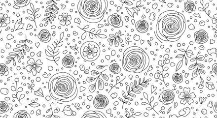 Whimsical hand-drawn floral seamless pattern with outlined flowers, diverse leaves, and decorative dots and hearts on a white backdrop.