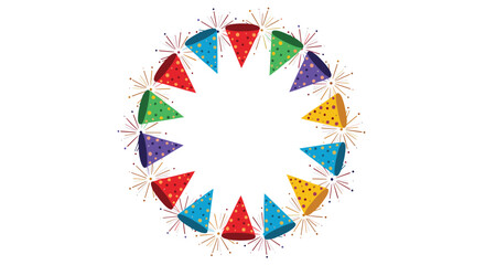 A cheerful circular frame of colorful party hats with confetti and firework bursts, creating a vibrant background for celebrations.