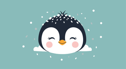 Sweet cartoon penguin illustration with rosy cheeks and closed eyes, emerging from a snowy landscape under a gentle snowfall.