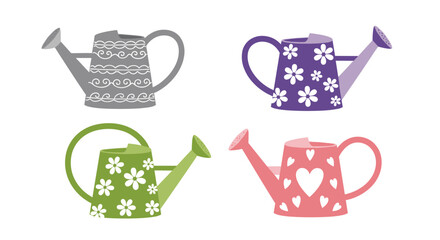 Four decorative watering cans in grey, purple, green, and pink, adorned with patterns of scrolls, flowers, and hearts, on a white background.