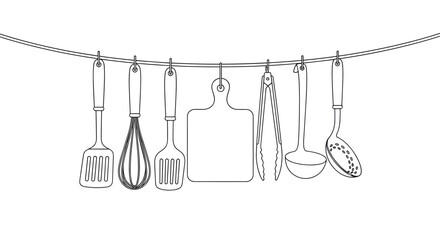 Line art drawing of common kitchen utensils, such as spatulas, whisk, cutting board, tongs, ladle, and slotted spoon, hanging on a wire.