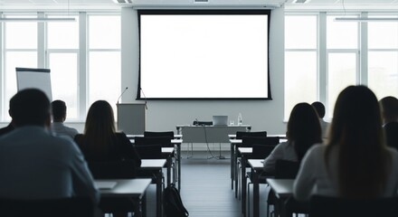 Corporate Training Seminar Room with Blank Screen. conference room set up for a corporate training seminar. Shot from the back of the room, showing the blurred silhouettes of the audience. copy space 