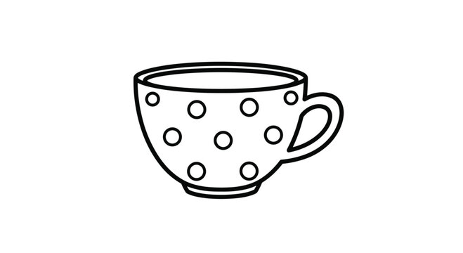 A simple black and white line art illustration of a polka-dotted teacup with a handle, depicted as an isolated vector graphic.