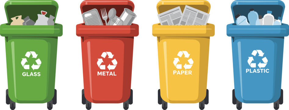 Color coded recycling bins for glass, metal, paper, plastic waste segregation, eco friendly containers, sustainability awareness, cad drawing flat vector illustration