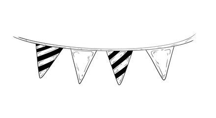 Vector illustration of a garland with flags. Hand-drawn illustration, hand-drawn graphics, and ink drawing. Doodle style. Festive design and decoration. Triangular flags on a rope.