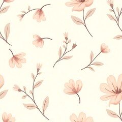 Fototapeta premium Seamless pattern with small pink flowers and leaves on a beige background