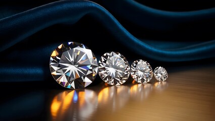 Stunning diamonds sparkle against luxurious blue satin, perfect for jewelry ads, financial success, or investment opportunities, offering a touch of elegant luxury