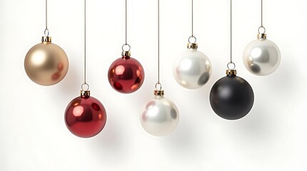 Seven christmas ornaments hanging isolated on white background, festive decor