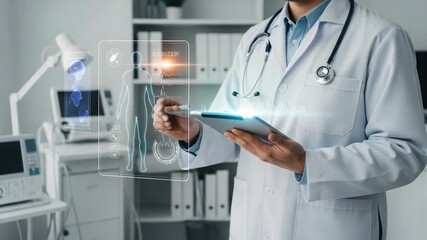 Doctor using a tablet with medical data and virtual screen interface display - Powered by Adobe
