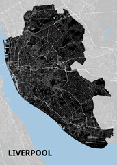 This image presents a detailed map of Liverpool, rendered in a striking black and white color scheme. The city's layout, including streets, parks, and waterways, is depicted with precision.
