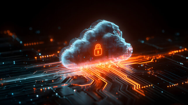 A modern representation of cybersecurity with a luminous cloud icon and a padlock in the middle highlighted by vibrant orange and blue lights intricate circuits and digital data effects all on a dark