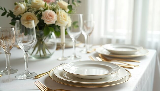 Served white table with gold cutlery, glassware. Elegant dining setting with roses on white table cover. Formal occasion decor for wedding or festive banquet. Luxury dinnerware arrangement on table.